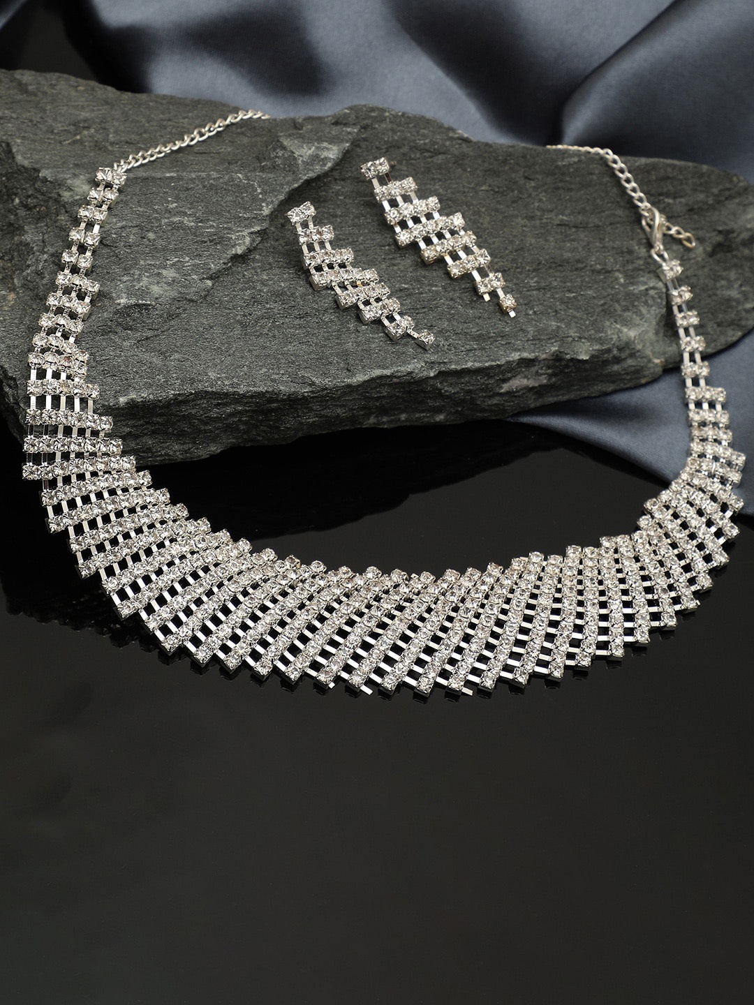 

SOHI Silver-Plated Stone-Studded Necklace & Earrings