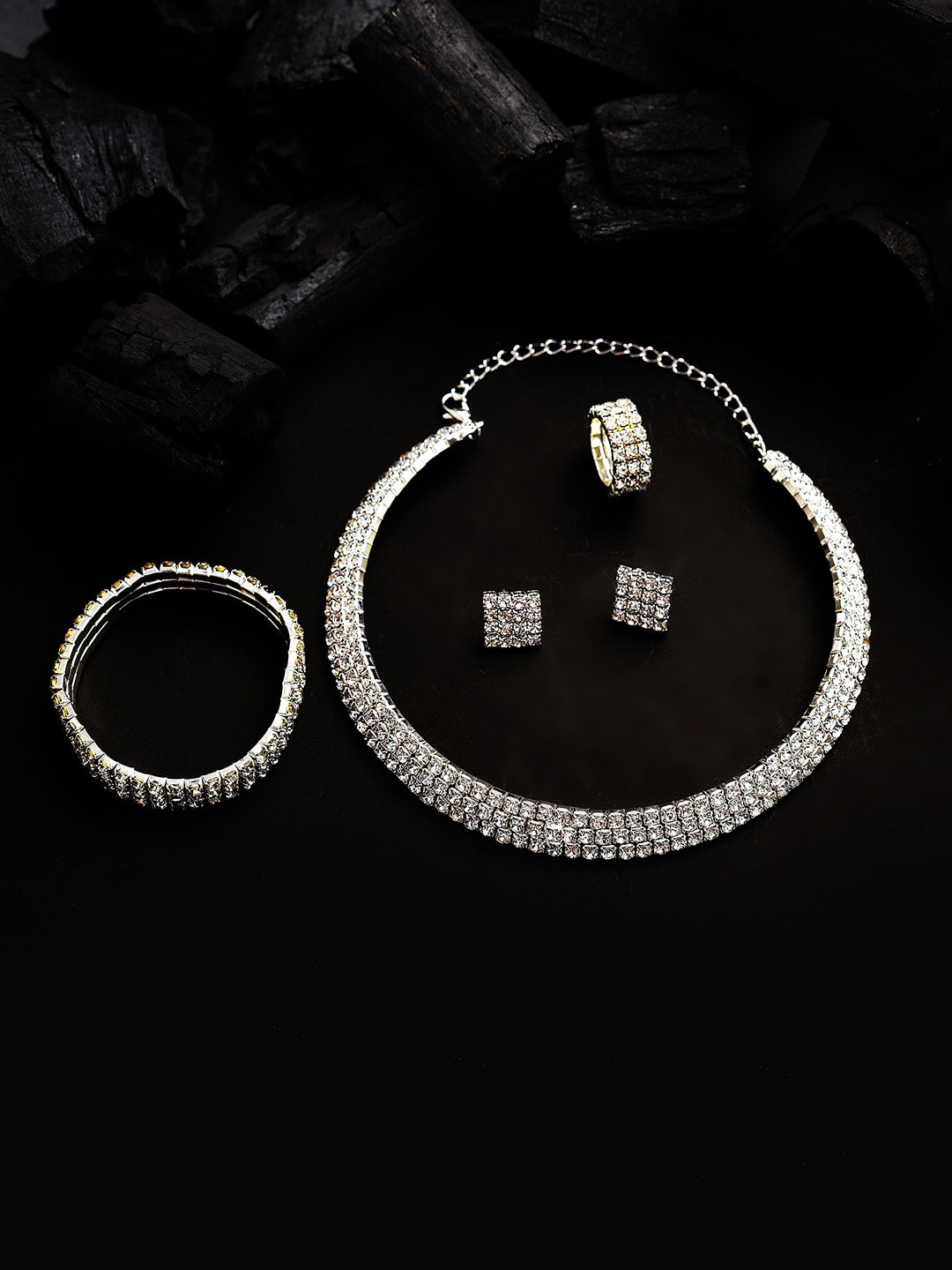 

SOHI Silver-Plated Stone-Studded Jewellery Set With Finger Ring & Bracelet