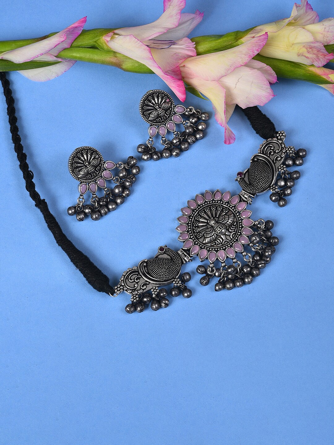 

SOHI Silver-Plated Oxidised Stone-Studded Choker Necklace & Earrings