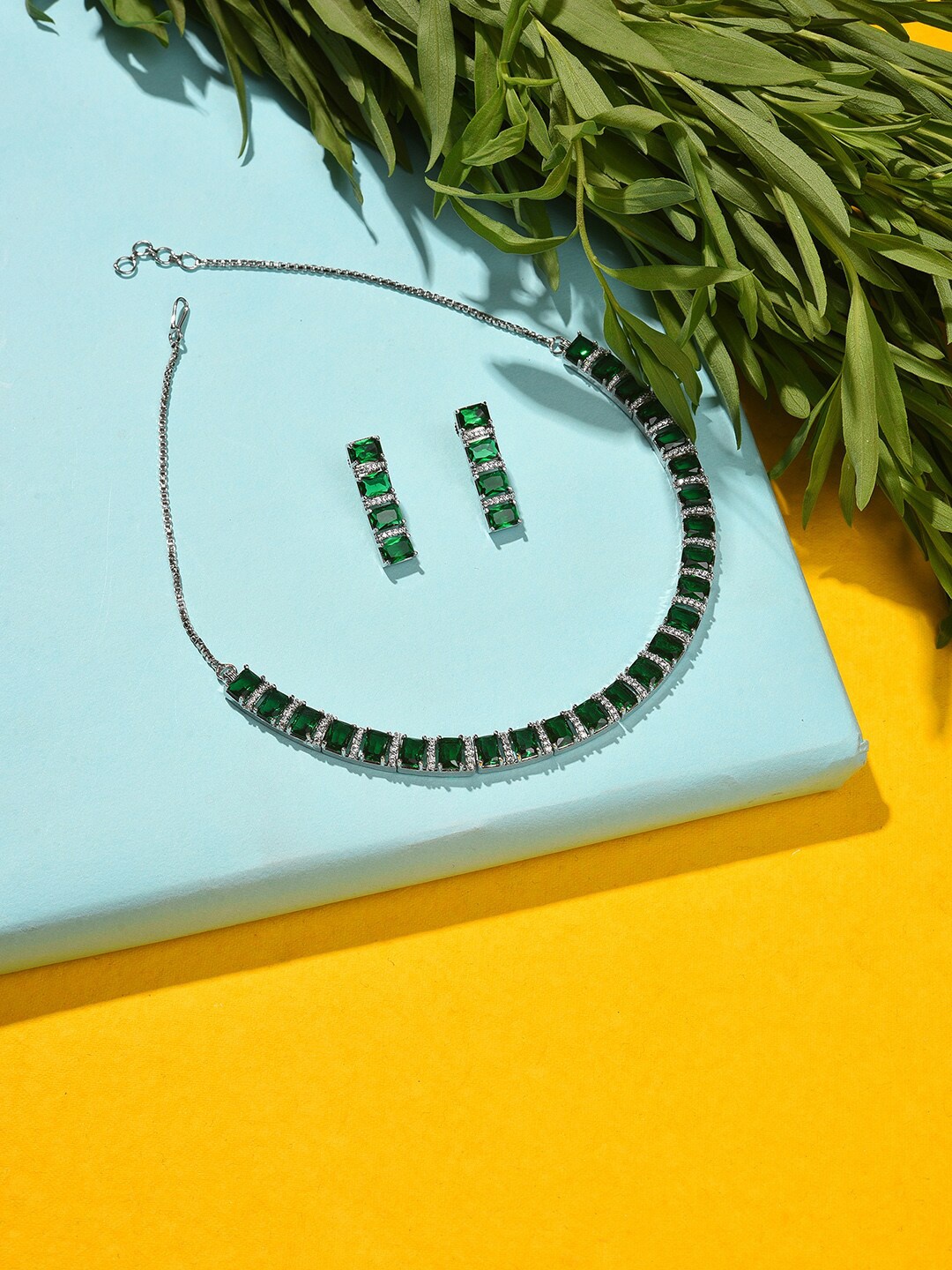 

SOHI Silver-Plated Stone-Studded Necklace & Earrings