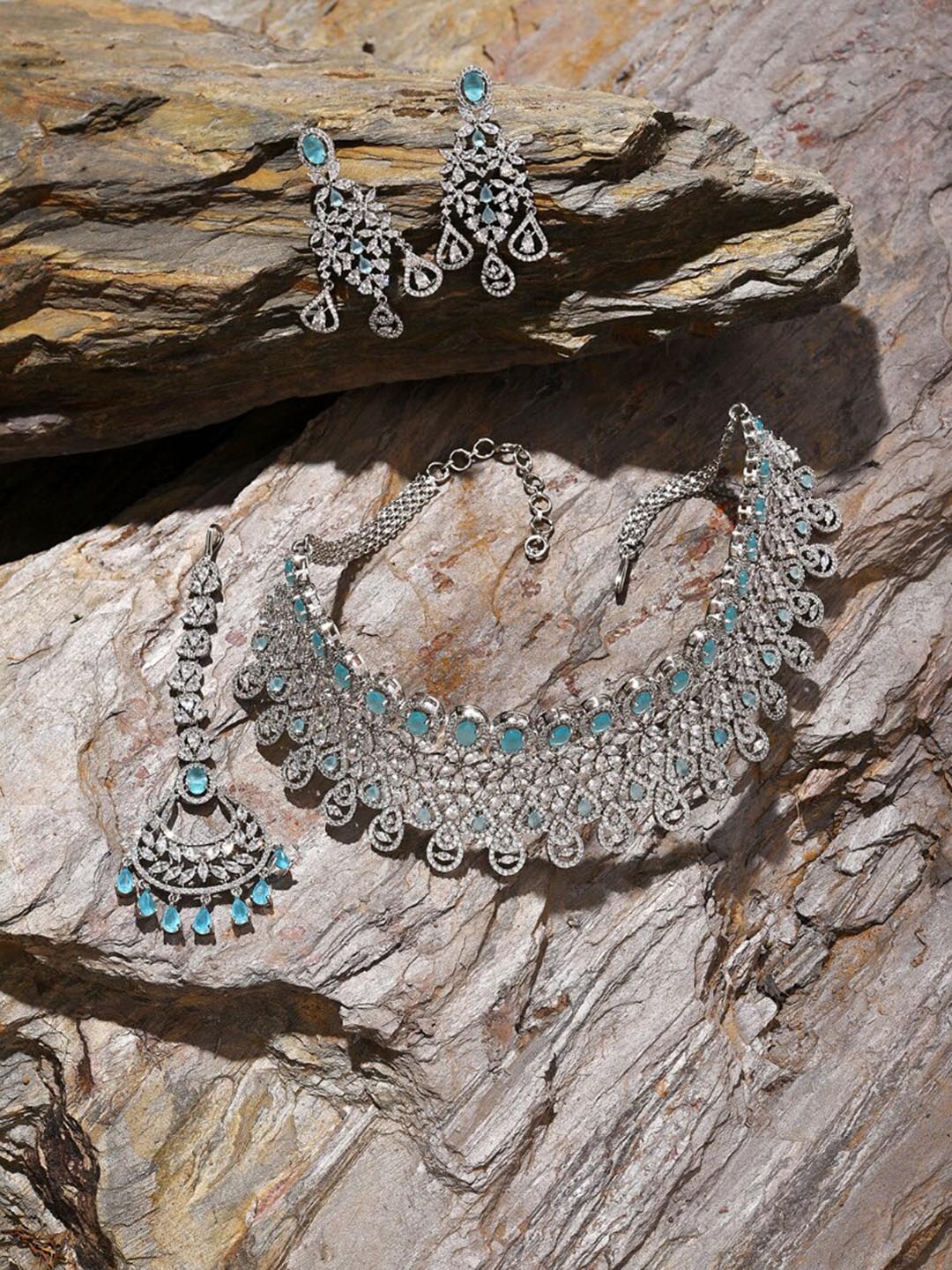 

SOHI Silver-Plated & Stones-Studded Necklace & Earrings