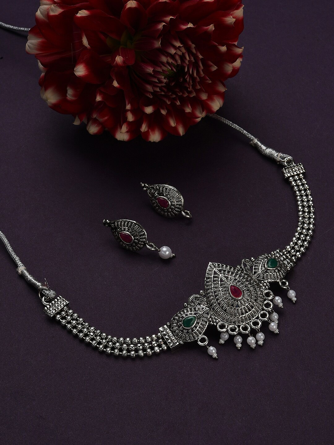 

SOHI Oxidised Silver-Plated Stone-Studded & Beaded Jewellery Set
