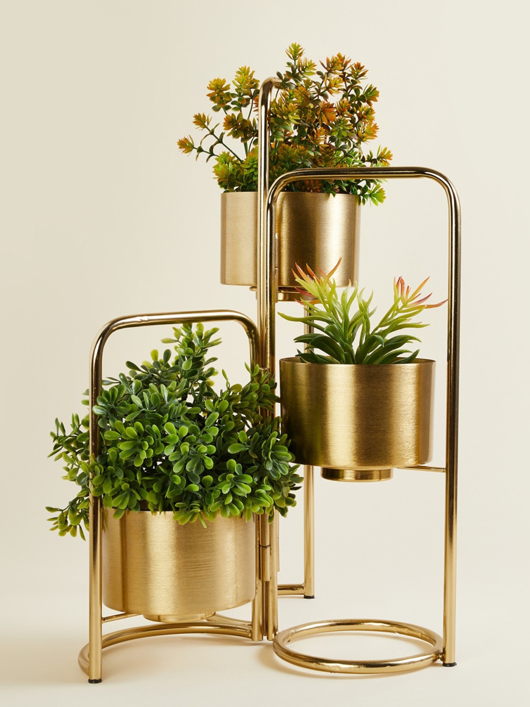 

Home Centre Yellow 3 Pieces Metal Planters With Stand, Gold
