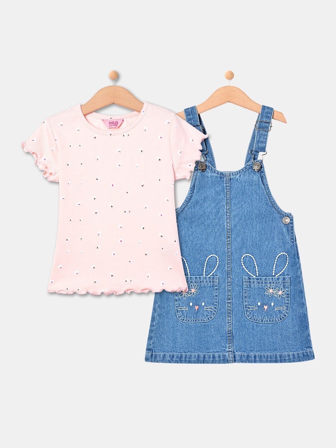 

R&B Girls Printed Pure Cotton Round Neck T-shirt with Dungaree Clothing Set, Pink