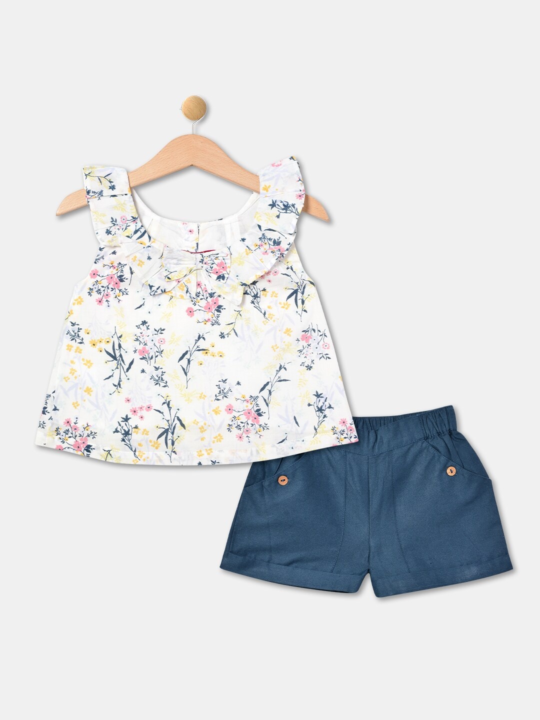 

R&B Girls Floral Printed Pure Cotton Top With Shorts, White