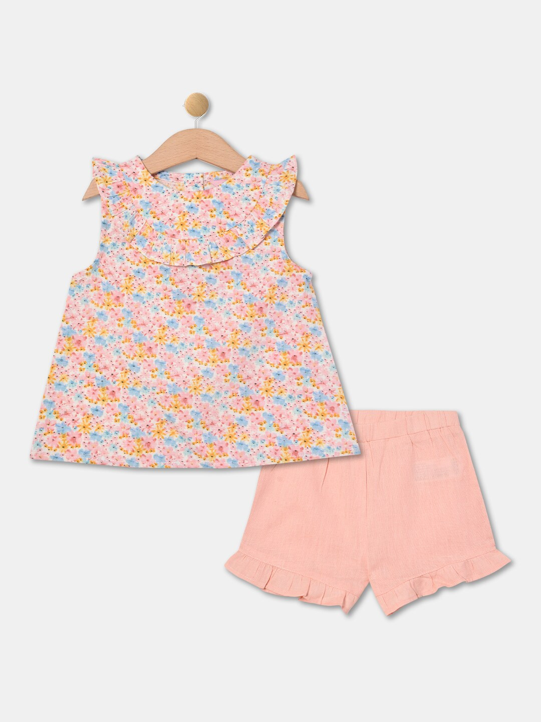 

R&B Girls Floral Printed Pure Cotton Top With Shorts, Peach