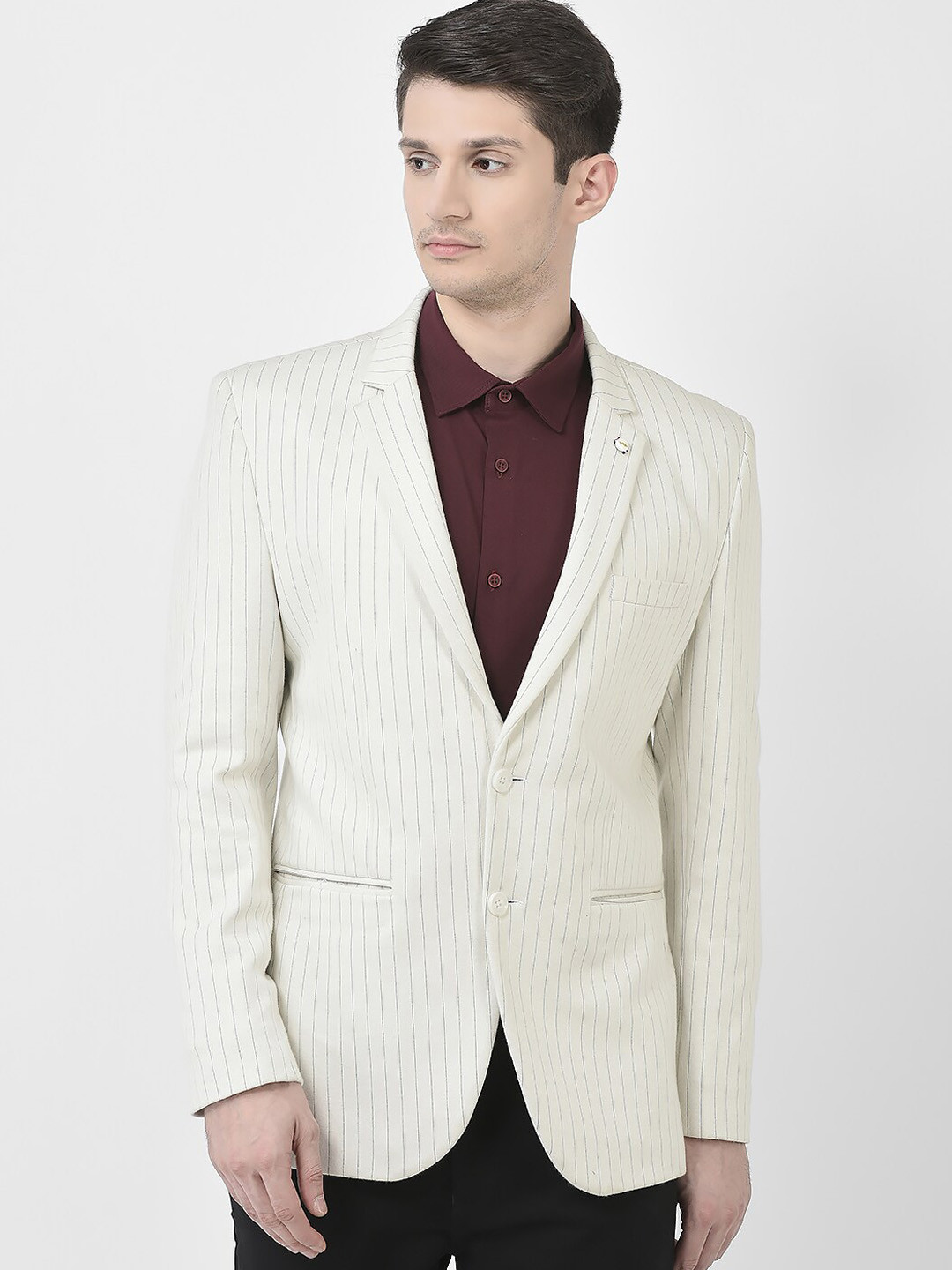 

Crimsoune Club Men Striped Single Breasted Blazer, Cream