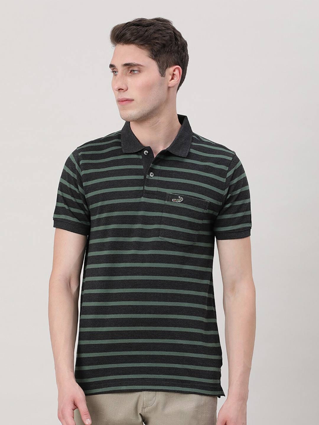 

Crocodile Striped Polo Collar Cotton Slim Fit T-shirt, Green