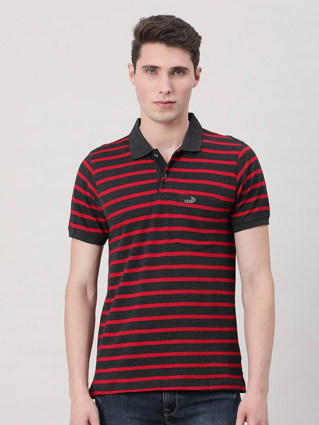 

Crocodile Striped Polo Collar Cotton Slim Fit T-shirt, Red