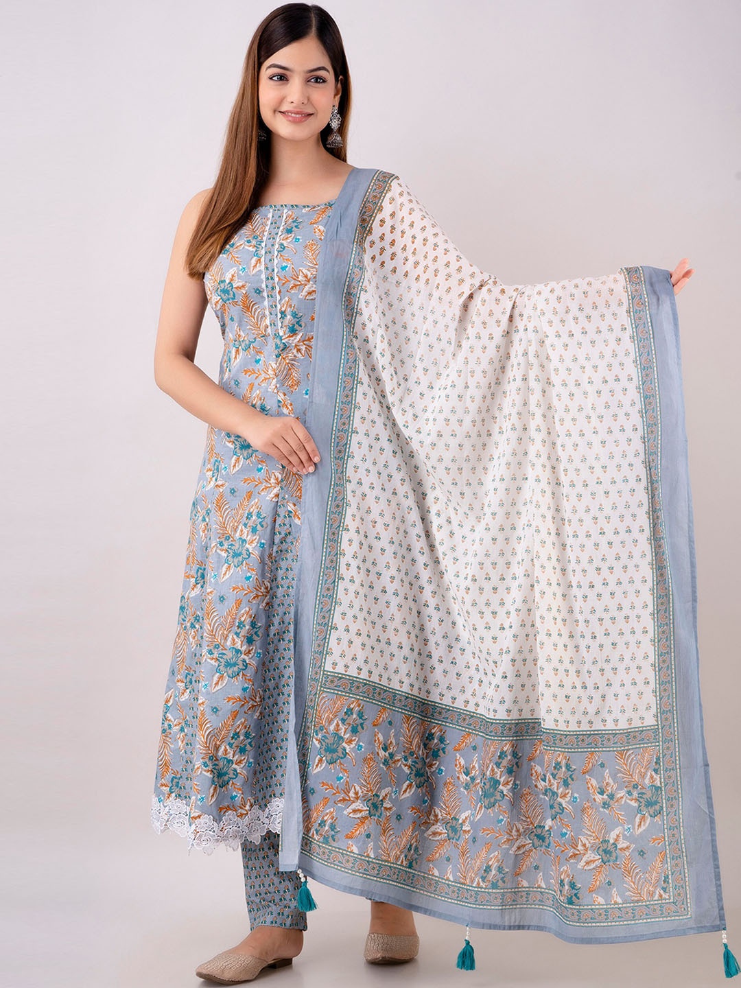 

KALINI Floral Printed Empire Kurta with Trousers & With Dupatta, Grey