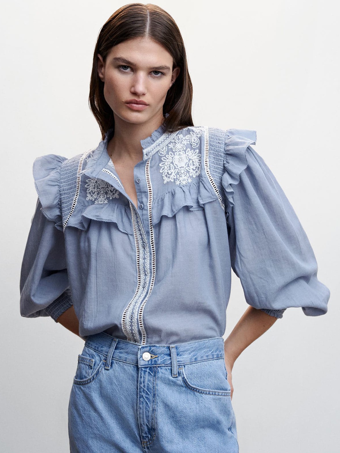 

MANGO Embroidered Floral Opaque Casual Shirt, Blue