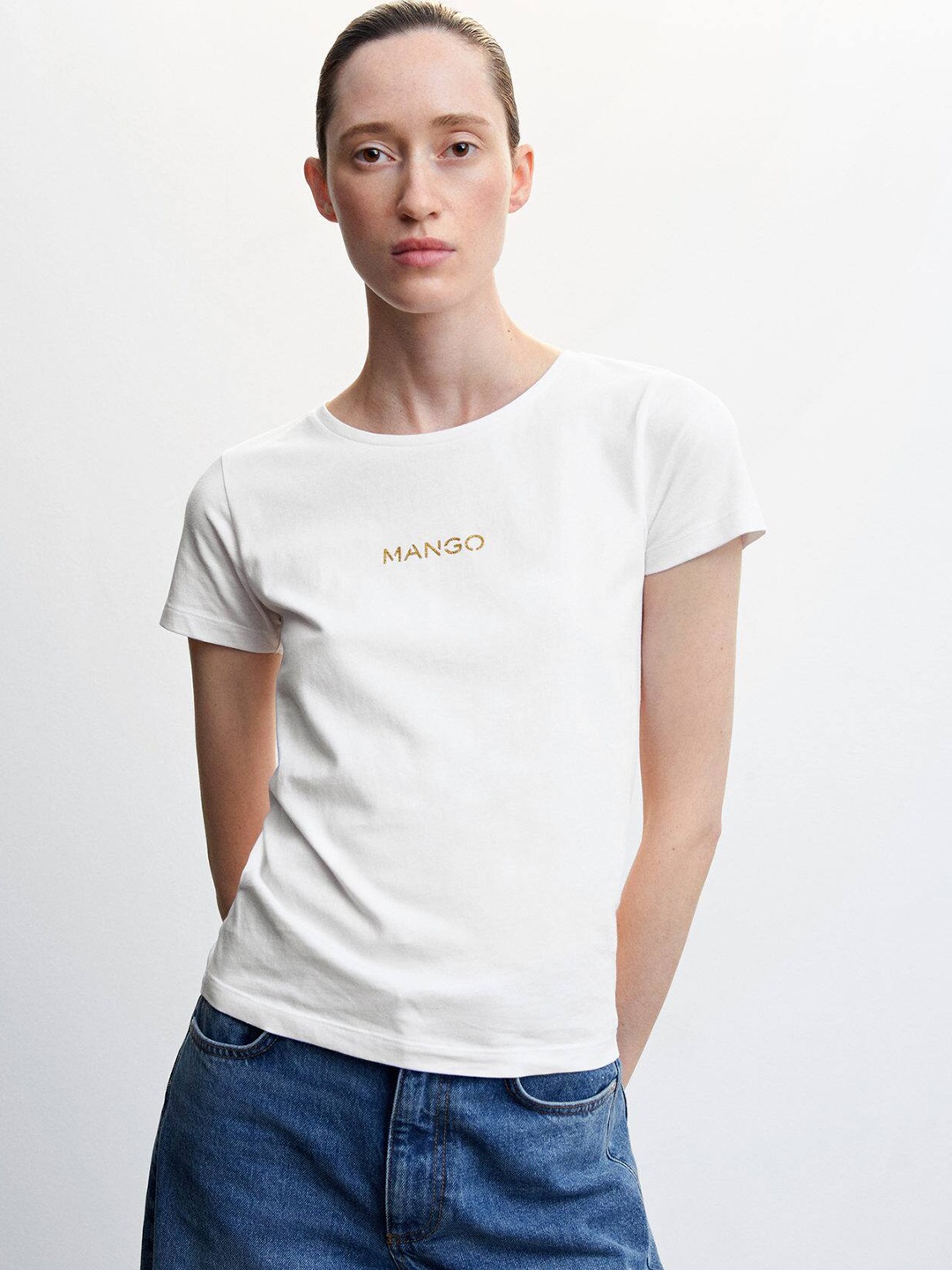 

MANGO Brand Logo Printed Pure Cotton T-shirt, White