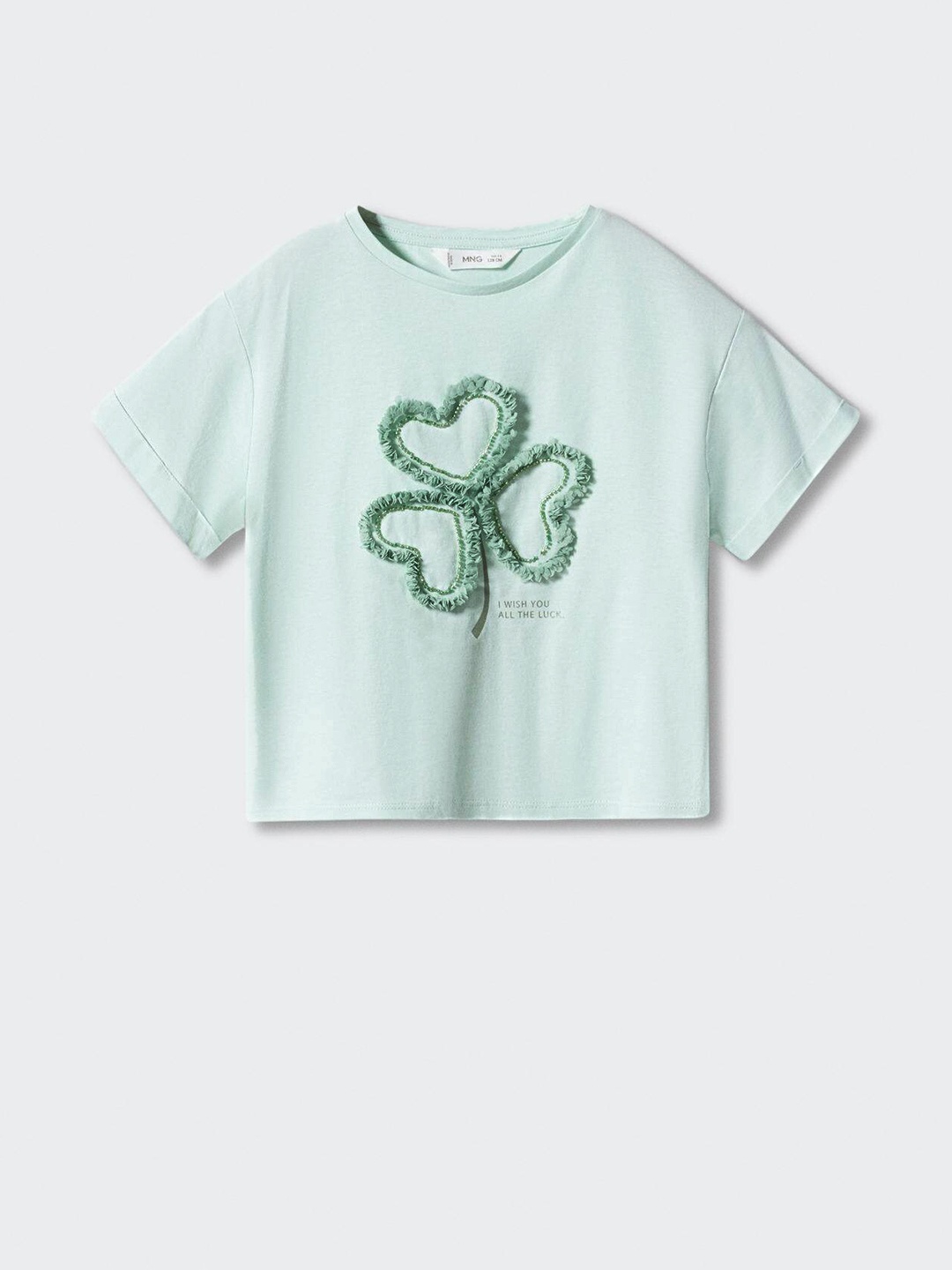 

Mango Kids Girls Pure Cotton Floral Frill Applique & Beaded Drop-Shoulder Sleeves T-shirt, Green