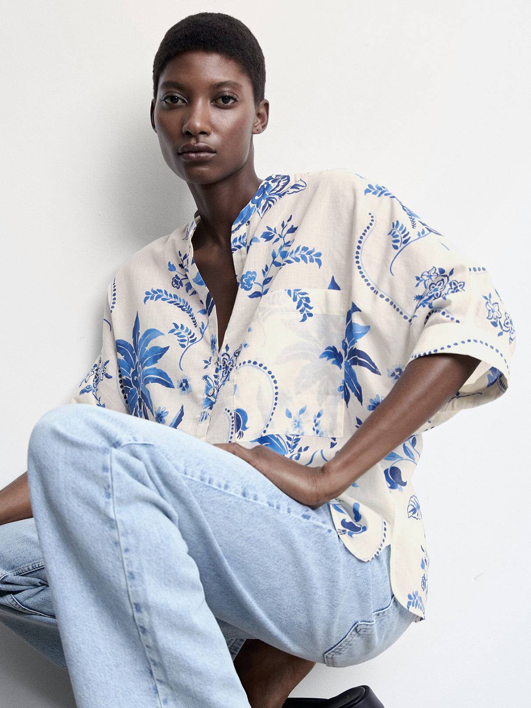 

MANGO Floral Mandarin Collar Extended Sleeves Cotton Top, Off white