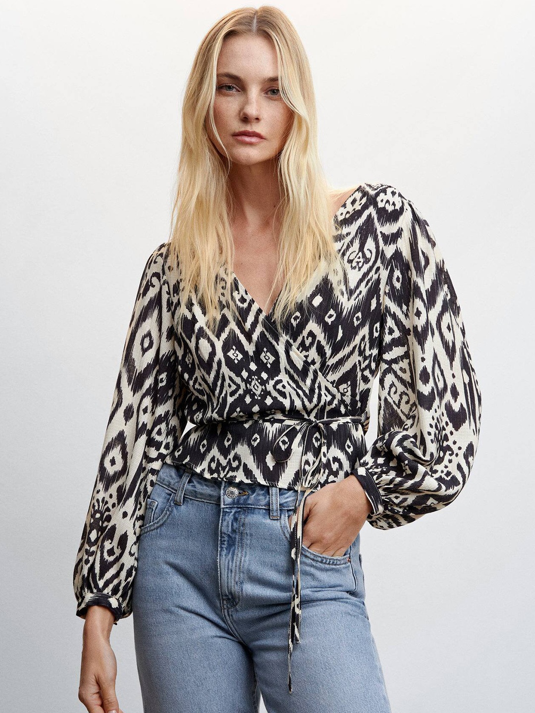 

MANGO Floral Print Puff Sleeve Wrap Top, Off white