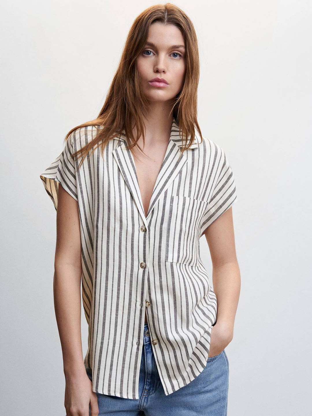 

MANGO Women Loose Fit Striped Casual Shirt, White