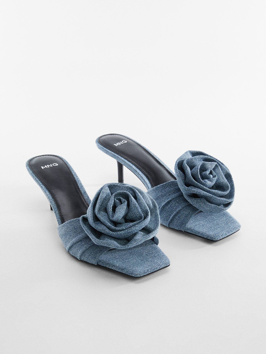 

MANGO Flower Detail Sustainable Cotton Slim Heels, Blue