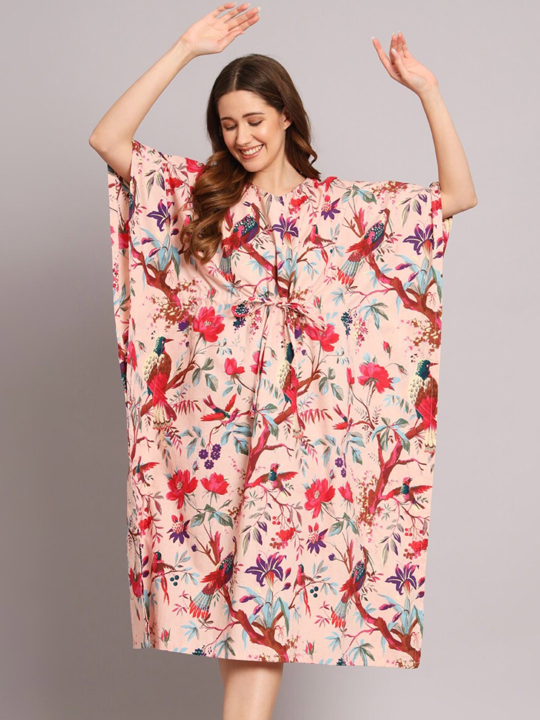 

SEPHANI Floral Printed Pure Cotton Kaftan Nightdress, Peach