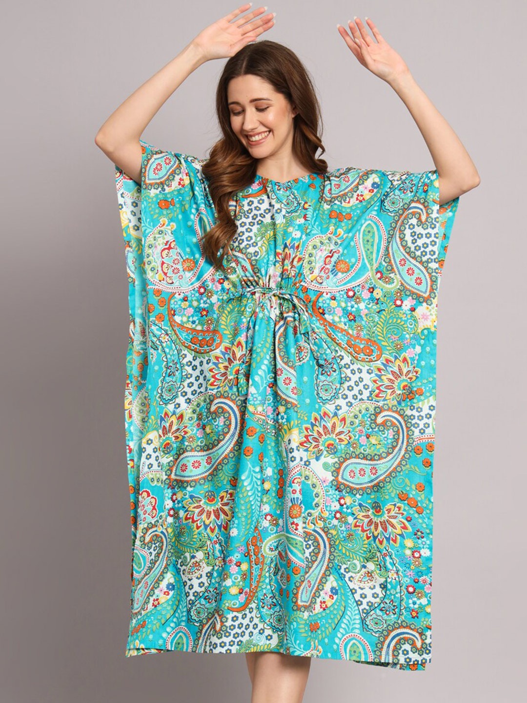 

SEPHANI Ethnic Motifs Printed Pure Cotton Kaftan Nightdress, Blue