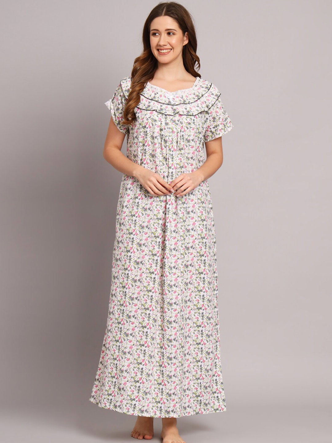 

SEPHANI Floral Printed Pure Cotton Nightdress, Off white
