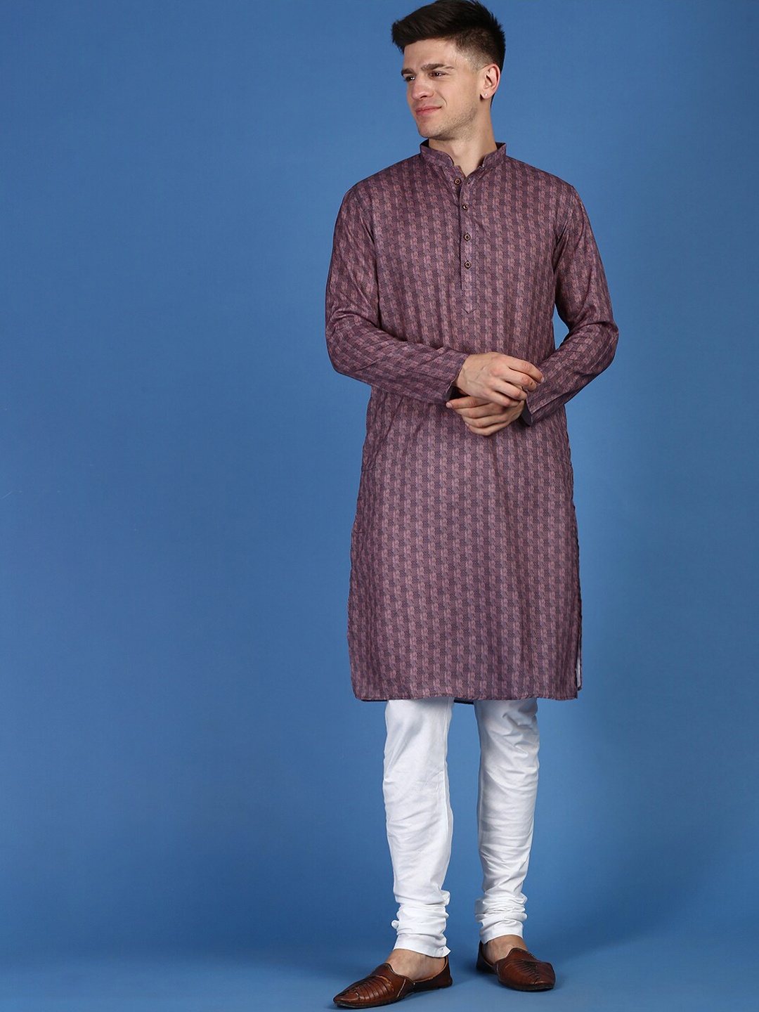 

Sanwara Ethnic Motifs Printed Mandarin Collar Kurta with Churidar, Purple
