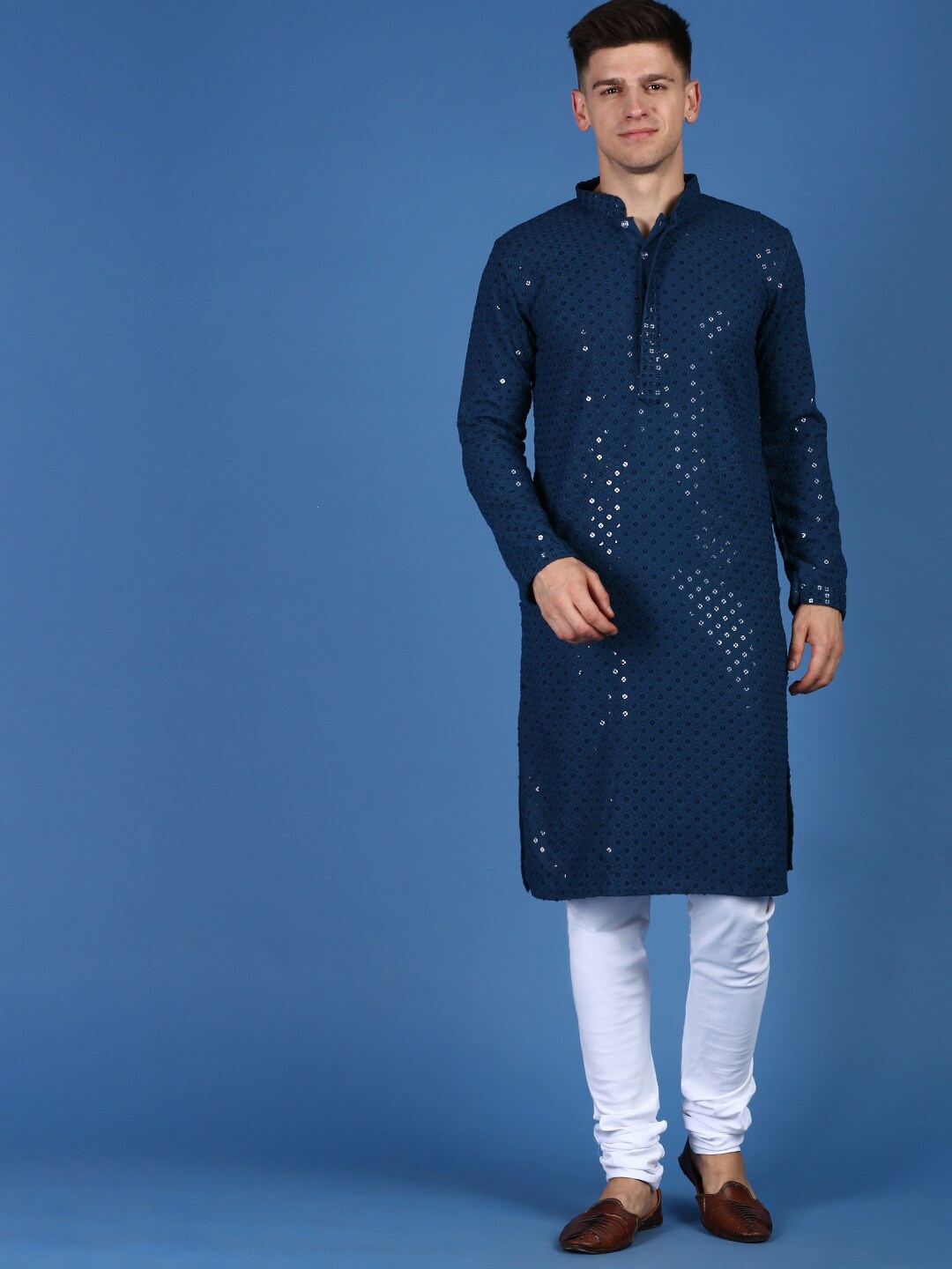 

Sanwara Chikankari Sequinned Pure Cotton Kurta with Pyjama, Navy blue
