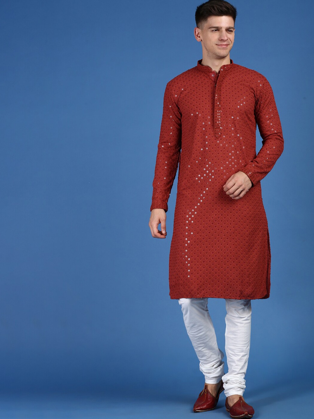 

Sanwara Chikankari Embroidered Sequinned Pure Cotton Kurta with Pyjamas, Rust