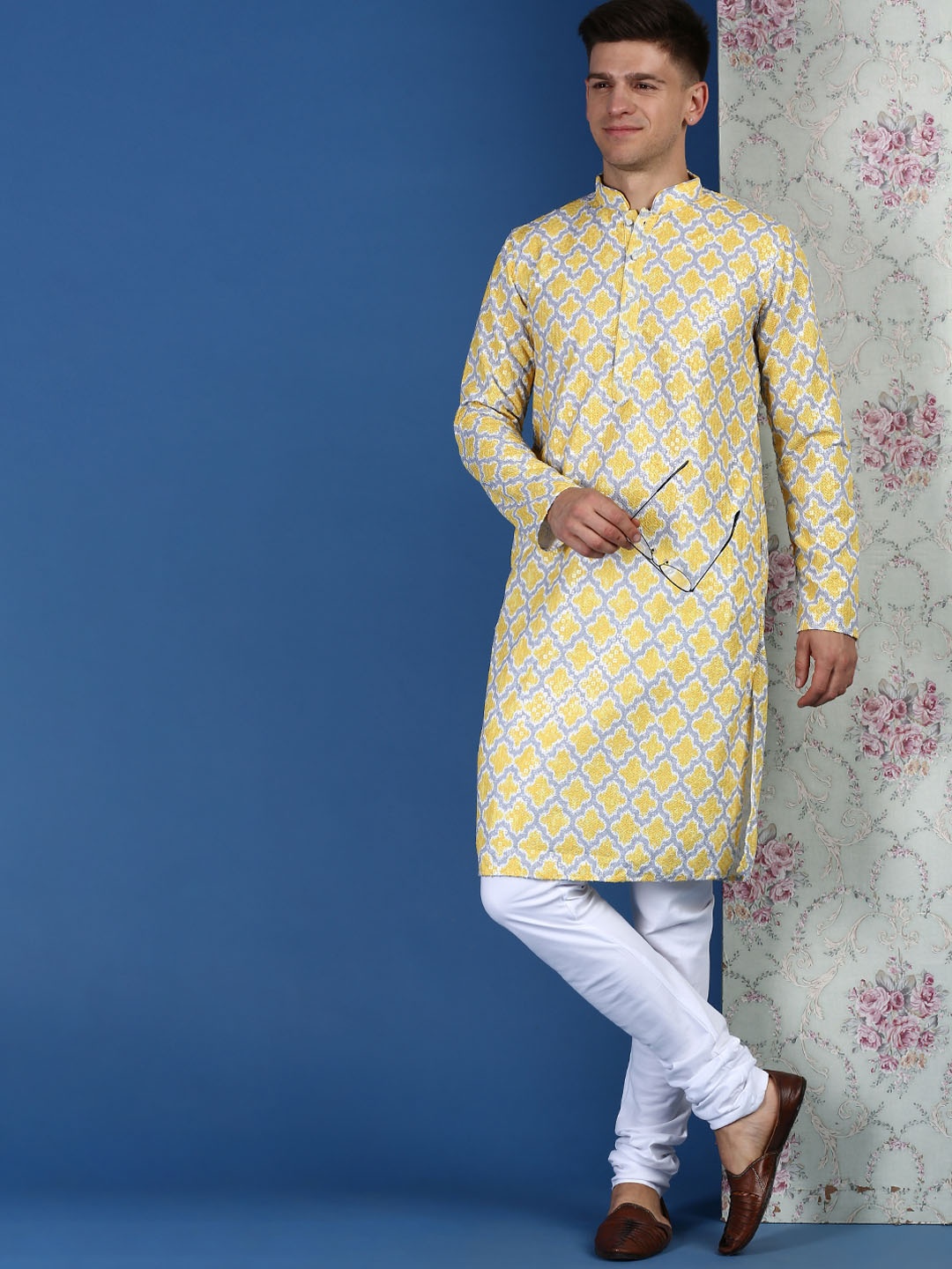 

Sanwara Ethnic Motifs Embroidered Sequinned Pure Cotton Kurta with Churidar, Mustard