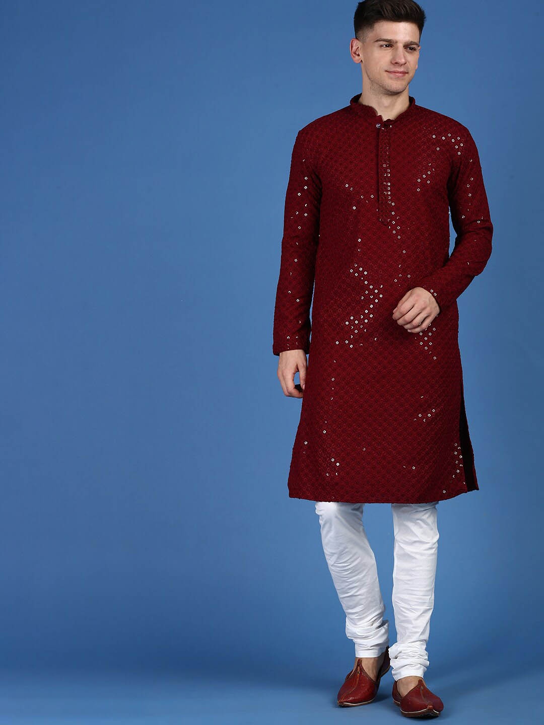 

Sanwara Chikankari Sequinned Pure Cotton Kurta with Pyjama, Maroon