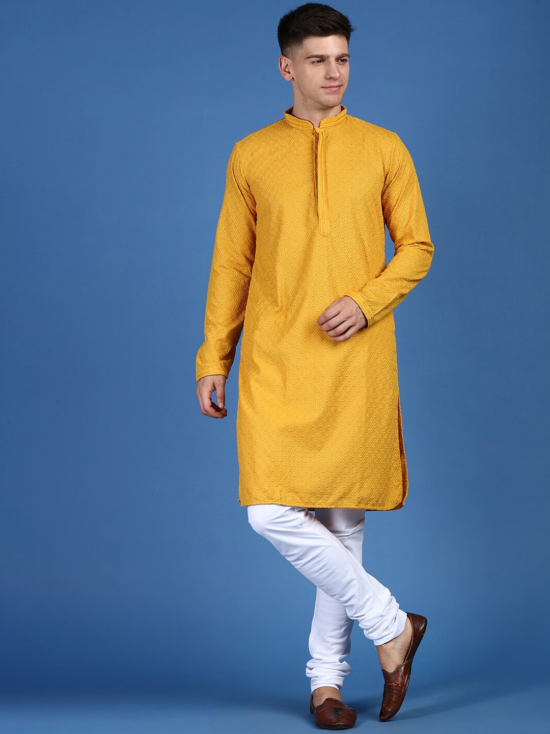 

Sanwara Ethnic Motifs Embroidered Chikankari Pure Cotton Kurta with Churidar, Mustard