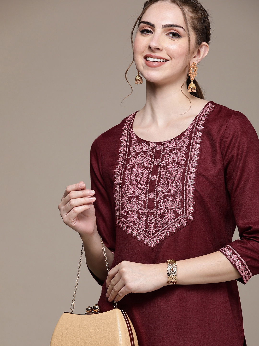 

Anouk Women Floral Embroidered Regular Pure Cotton Kurta with Trousers, Burgundy