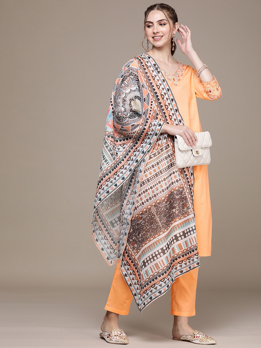 

Anouk Ethnic Motifs Embroidered Thread Work Pure Cotton Kurta With Trousers & Dupatta, Coral