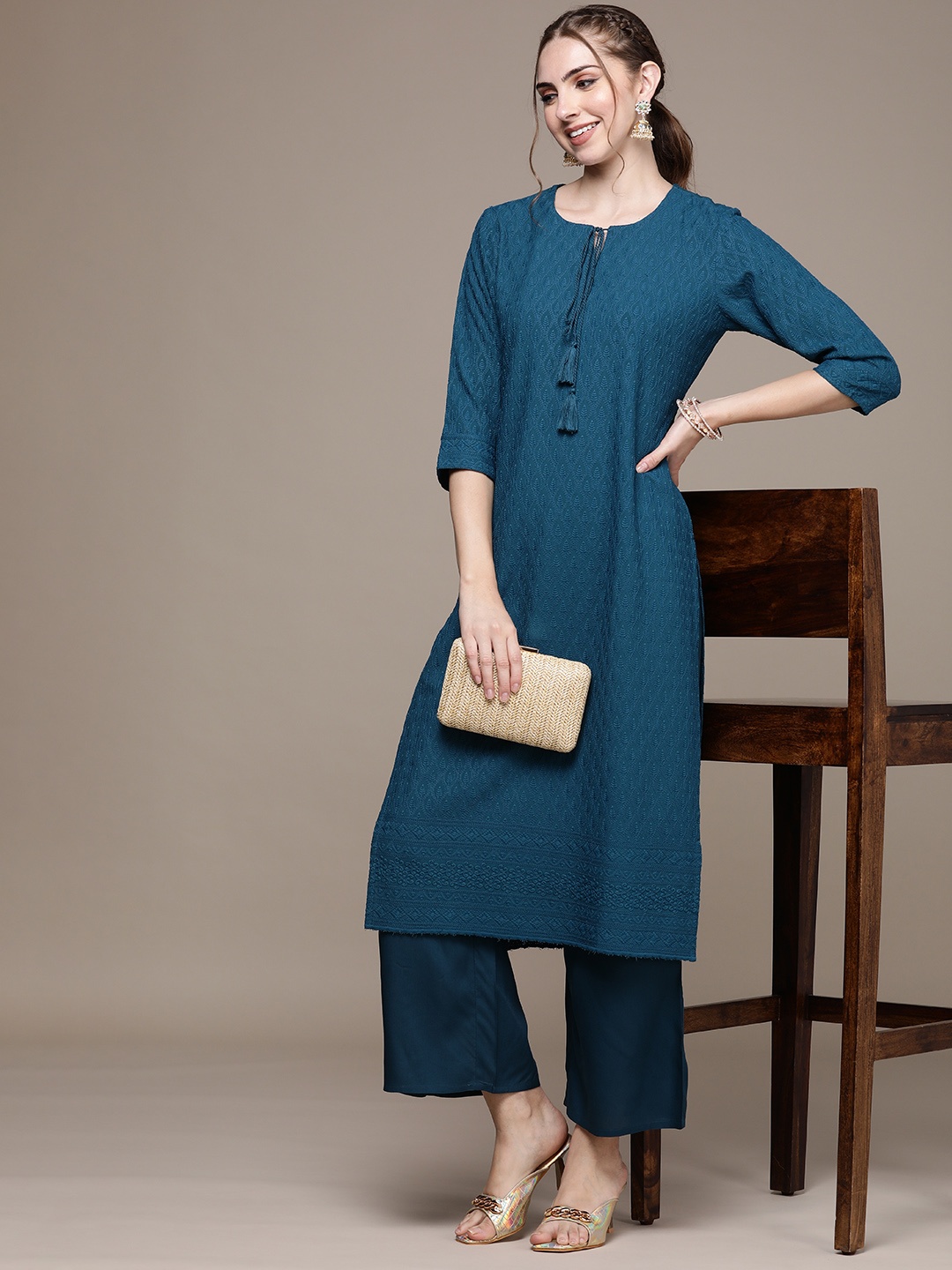 

Anouk Ethnic Motifs Embroidered Regular Thread Work Kurta with Palazzos, Teal