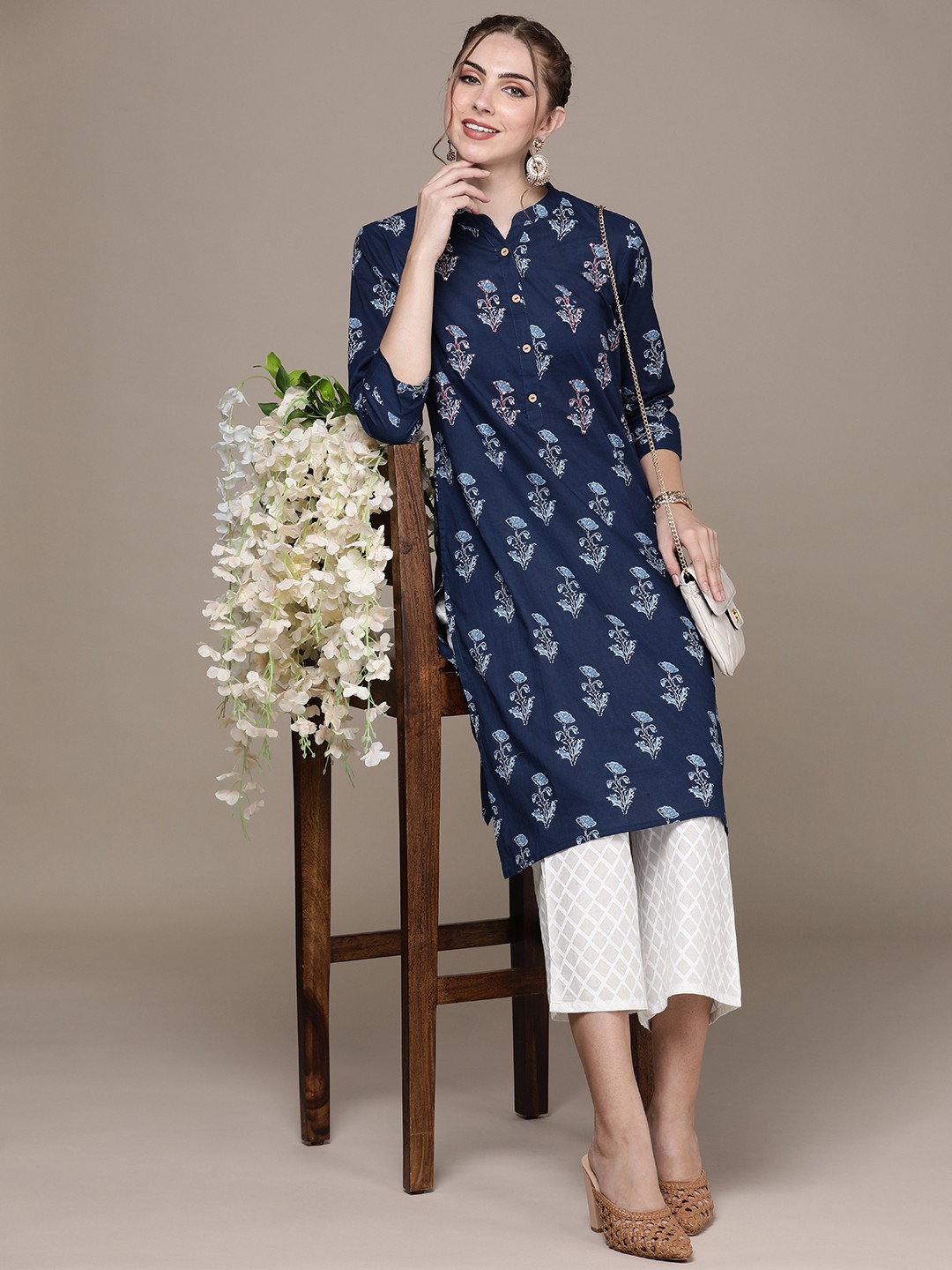 

Anouk Women Floral Printed Regular Thread Work Pure Cotton Kurta with Palazzos, Blue