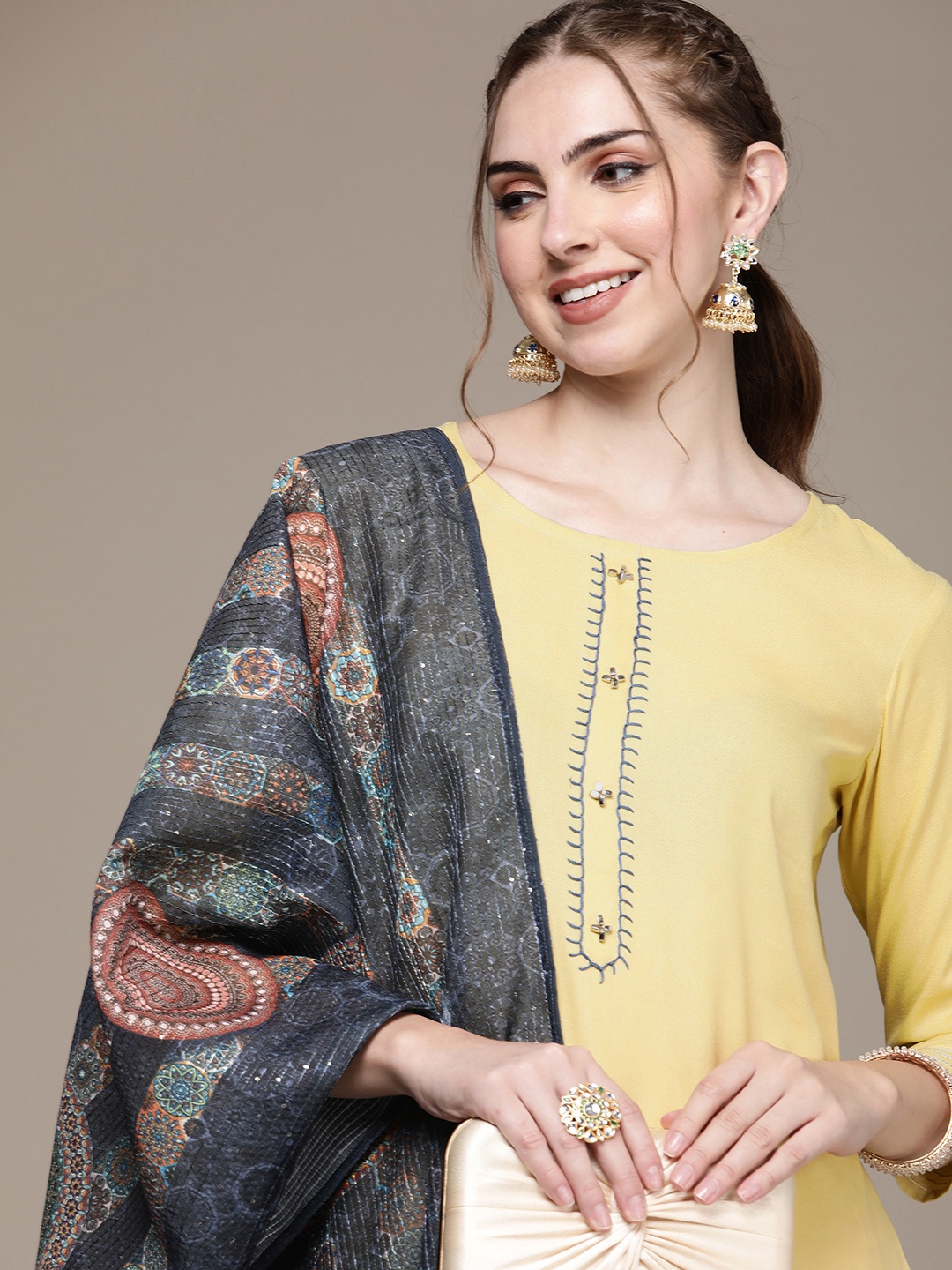 

Navibhu Embroidered Thread Work Kurta With Trousers & Dupatta, Yellow