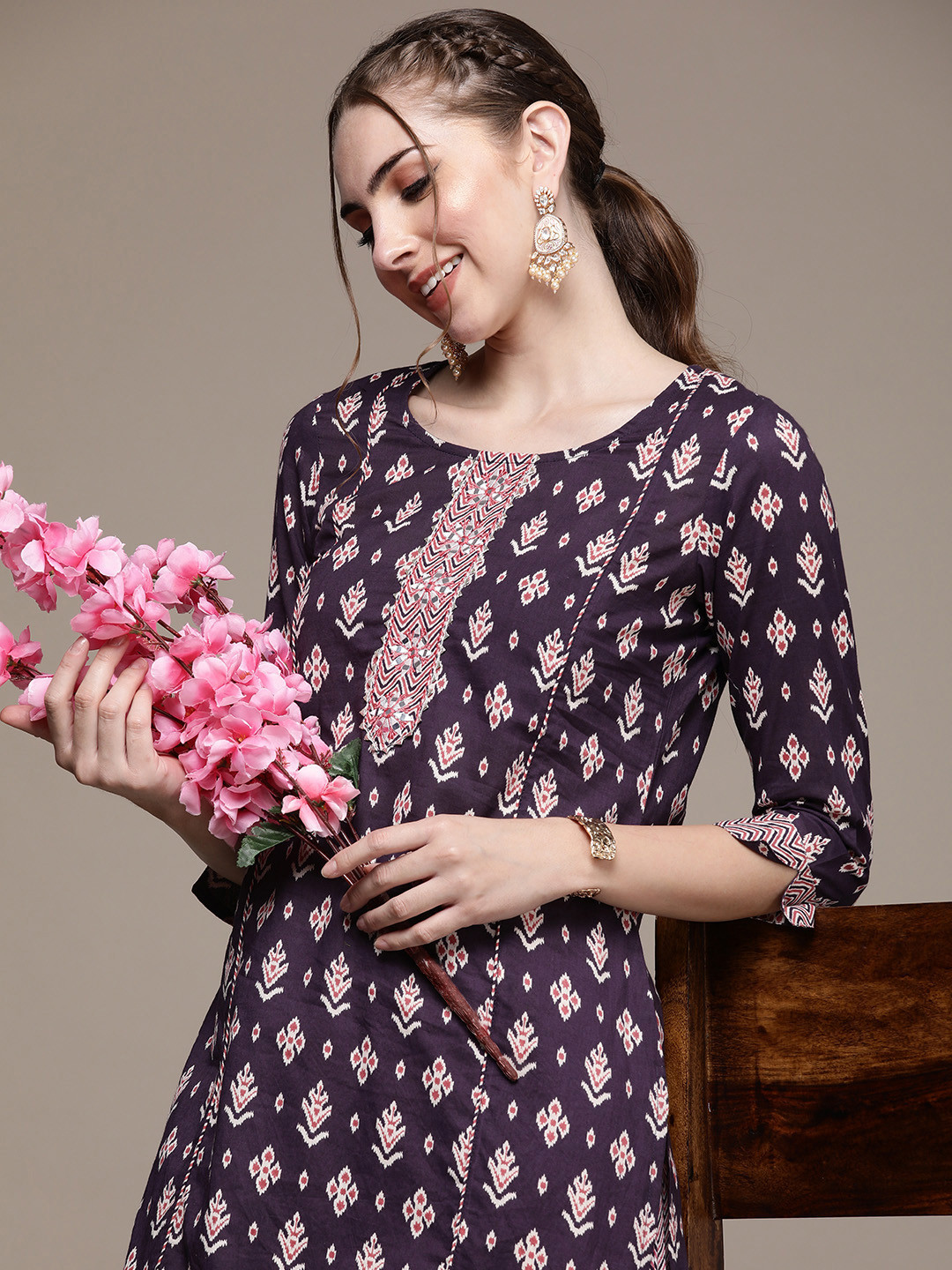 

Anouk Women Ethnic Motifs Printed Regular Mirror Work Pure Cotton Kurta with Trousers, Purple