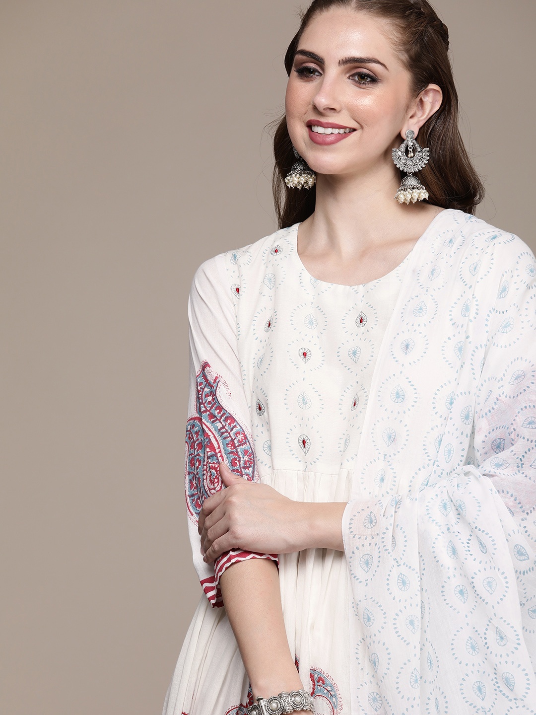 

Anouk Ethnic Motifs Printed Pure Cotton Kurta With Trousers & Dupatta, White