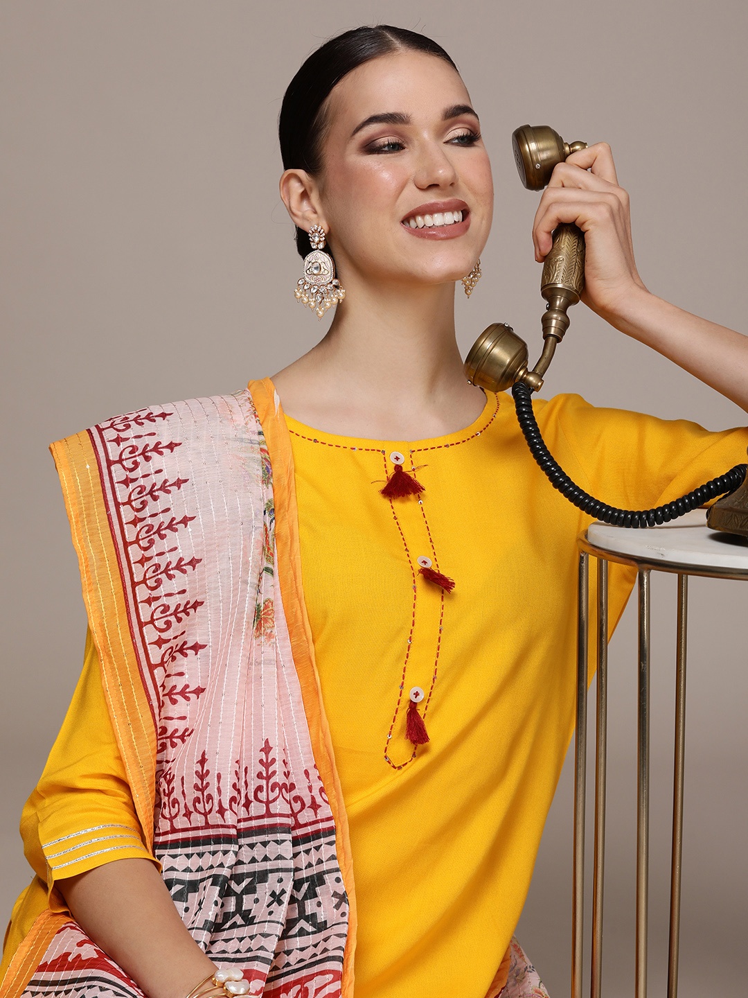 

Anouk Women Regular Sequinned Kurta with Trousers & With Dupatta, Mustard