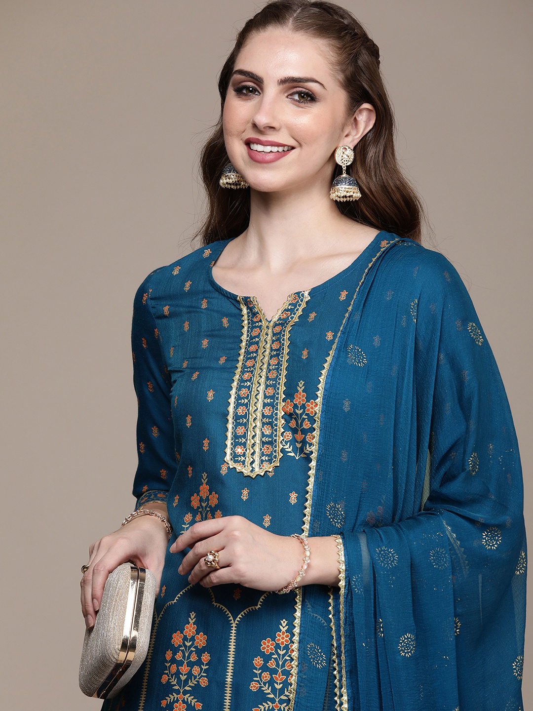 

Anouk Ethnic Motifs Printed Gotta Patti Kurta With Sharara & Dupatta, Blue