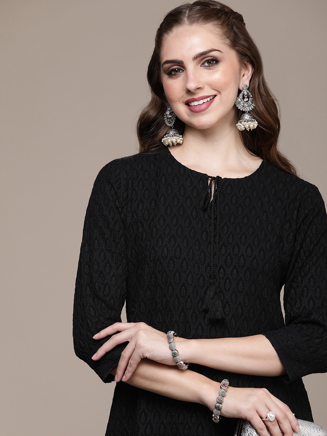 

Anouk Ethnic Motifs Embroidered Regular Thread Work Kurta With Palazzos, Black