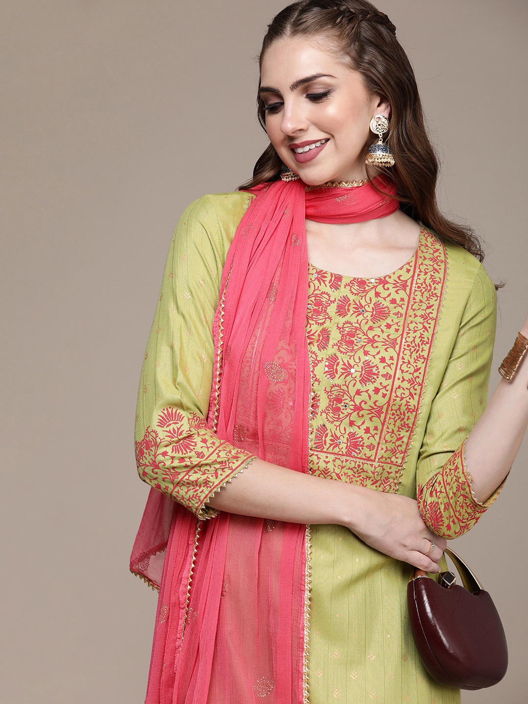 

Anouk Women Floral Yoke Design Regular Gotta Patti Kurta with Sharara & With Dupatta, Green