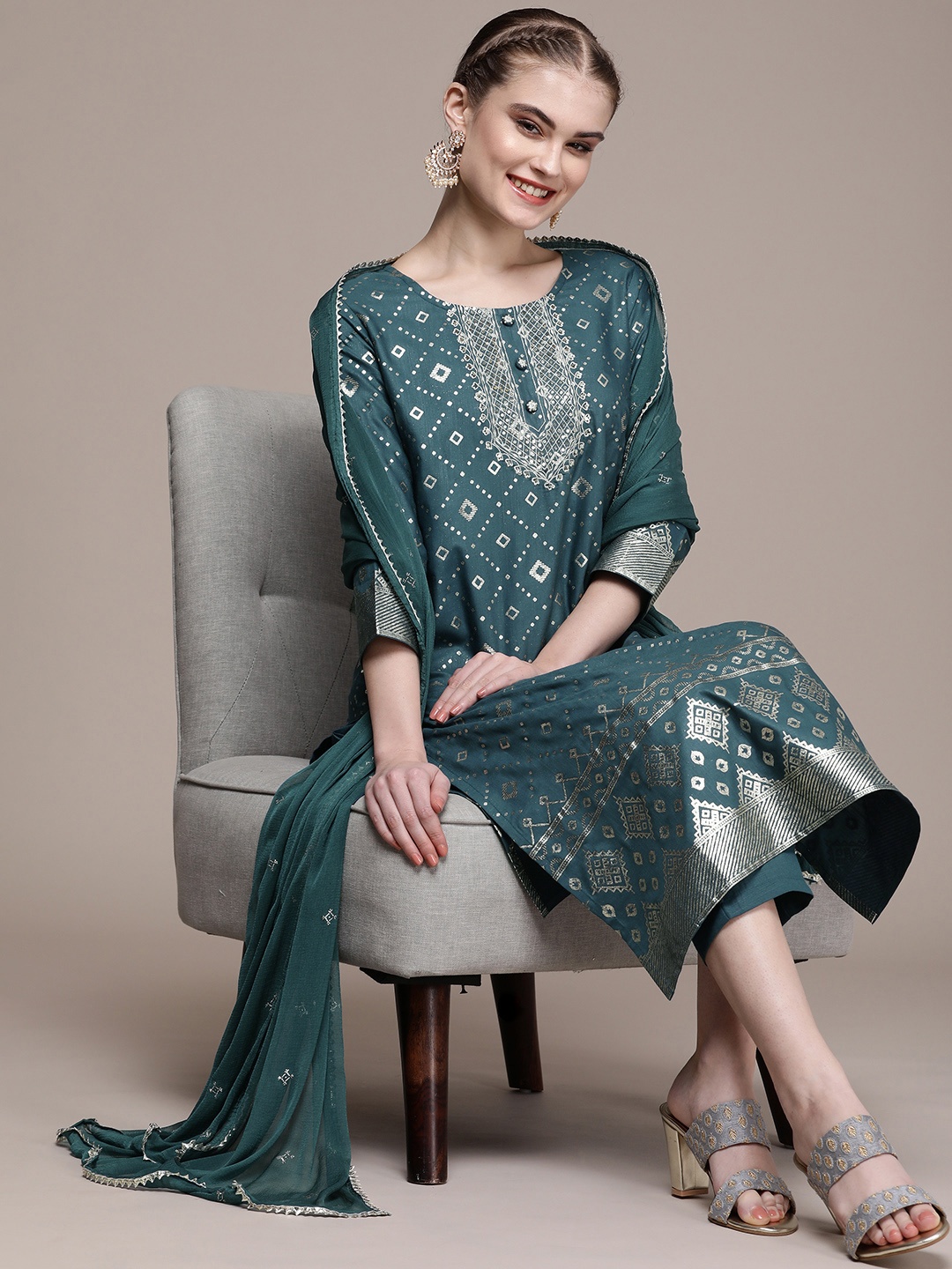 

Anouk Women Printed Regular Sequinned Kurta with Trousers & With Dupatta, Teal