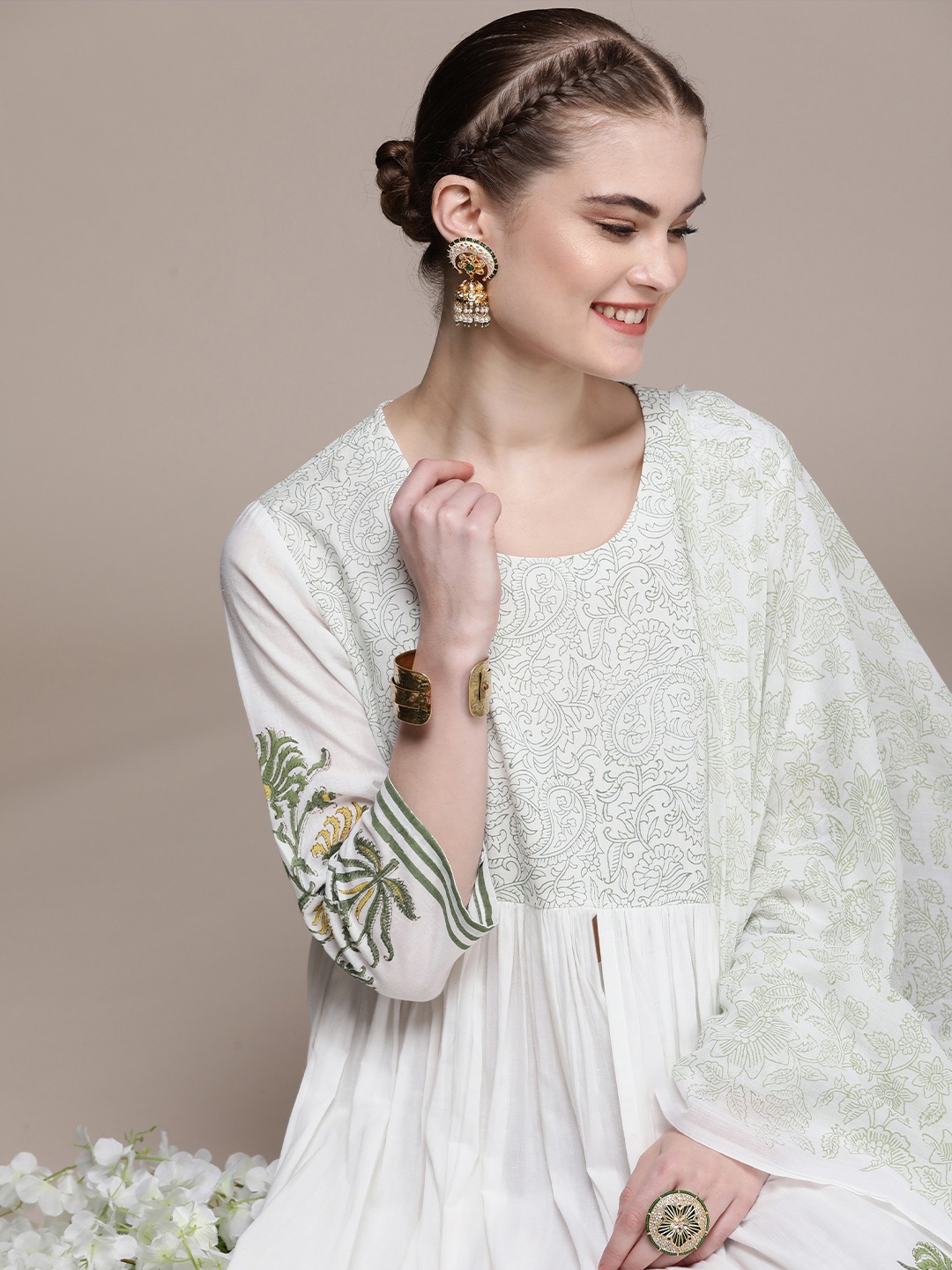 

Anouk Women Ethnic Motifs Yoke Design Pleated Pure Cotton Kurta with Trousers & Dupatta, White