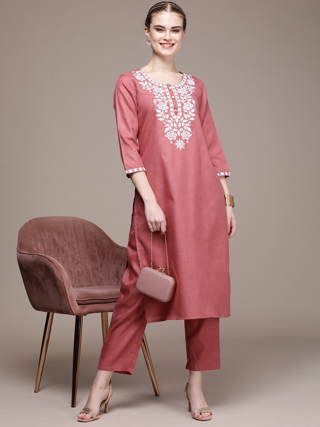 

Anouk Women Floral Yoke Design Regular Pure Cotton Kurta with Trousers, Pink