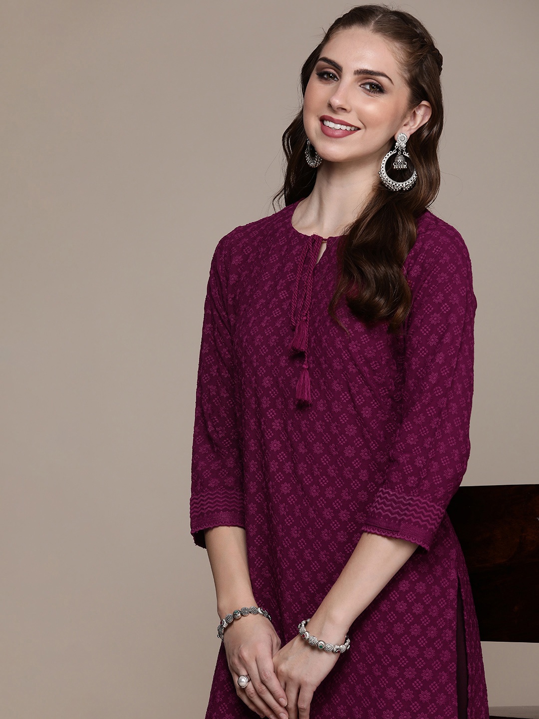

Anouk Women Floral Embroidered Regular Kurta with Palazzos, Burgundy