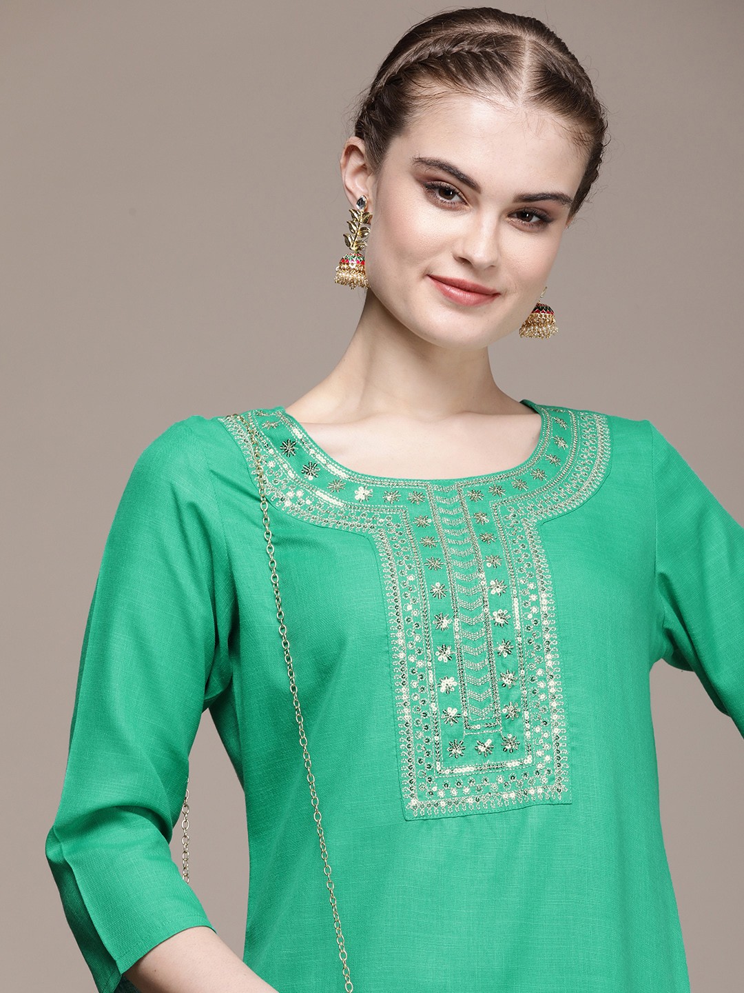 

Anouk Women Floral Yoke Design Regular Sequinned Pure Cotton Kurta with Trousers, Green