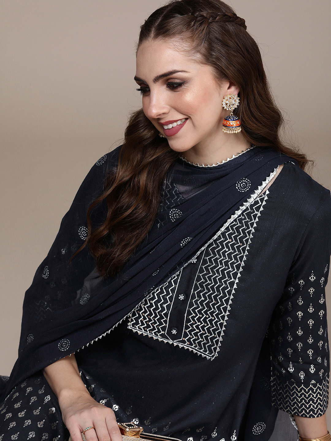 

Anouk Women Ethnic Motifs Regular Kurta with Sharara & With Dupatta, Navy blue