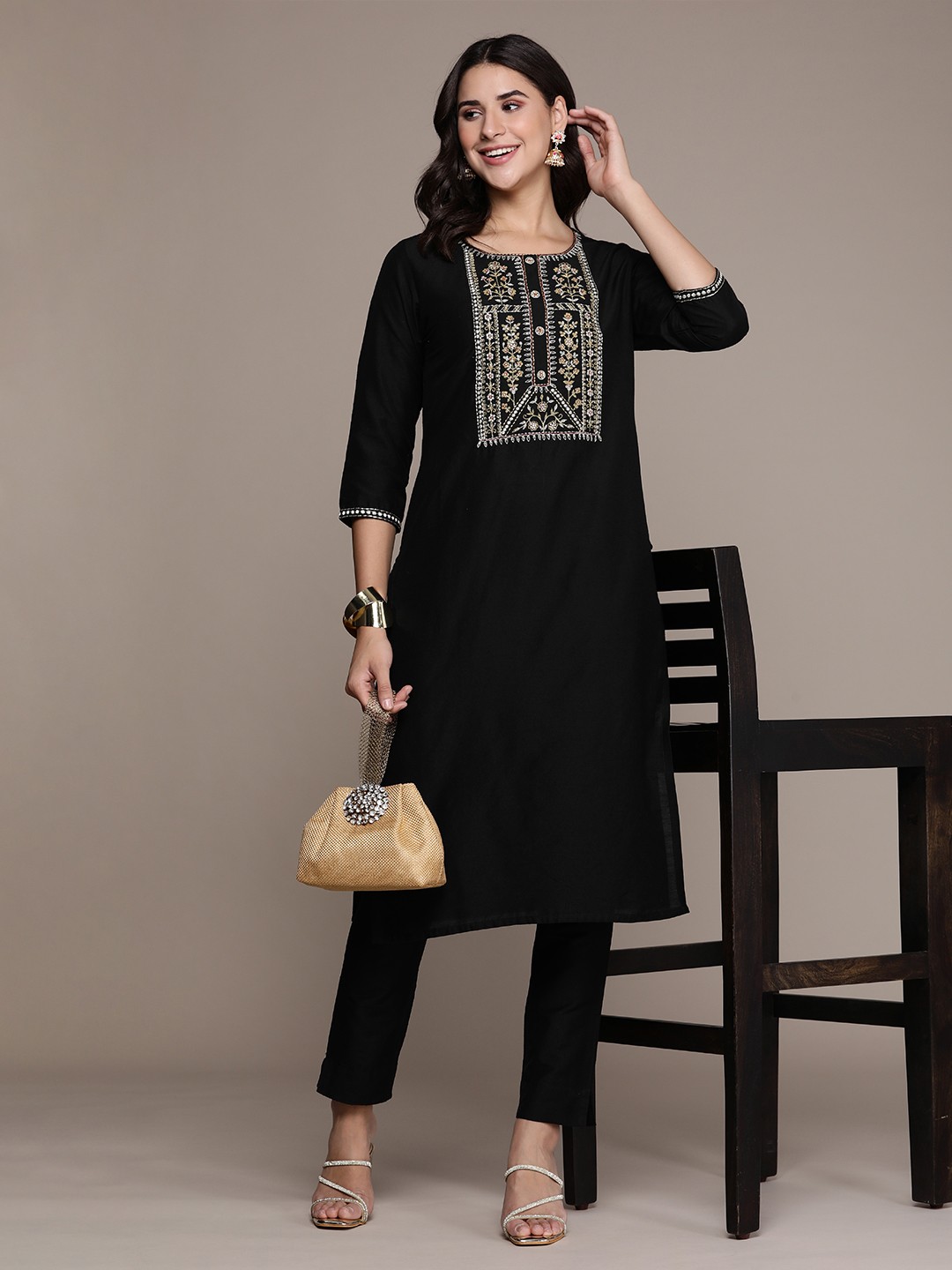 

Anouk Women Floral Yoke Design Regular Kurta with Trousers, Black