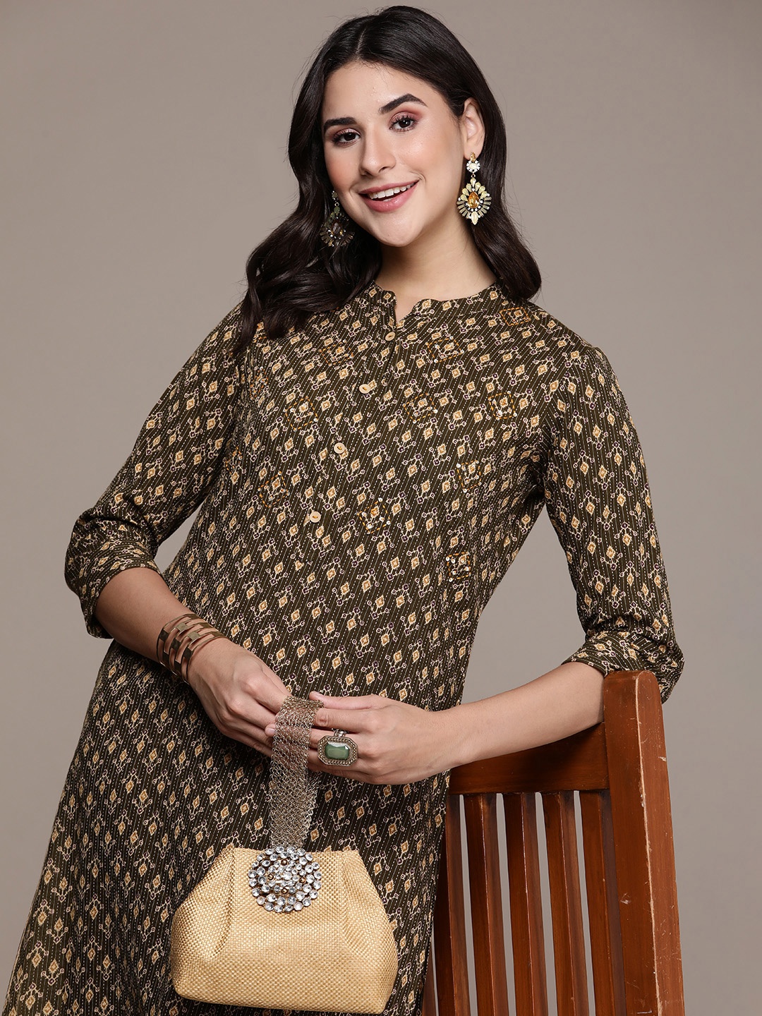 

Anouk Women Ethnic Motifs Printed Regular Sequinned Pure Cotton Kurta with Trousers, Olive