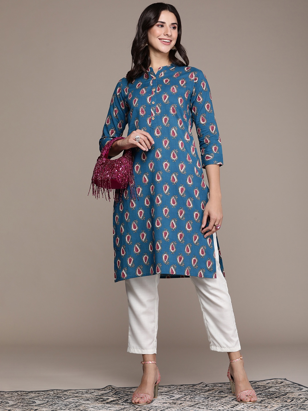 

Anouk Women Ethnic Motifs Printed Regular Pure Cotton Kurta with Trousers, Blue